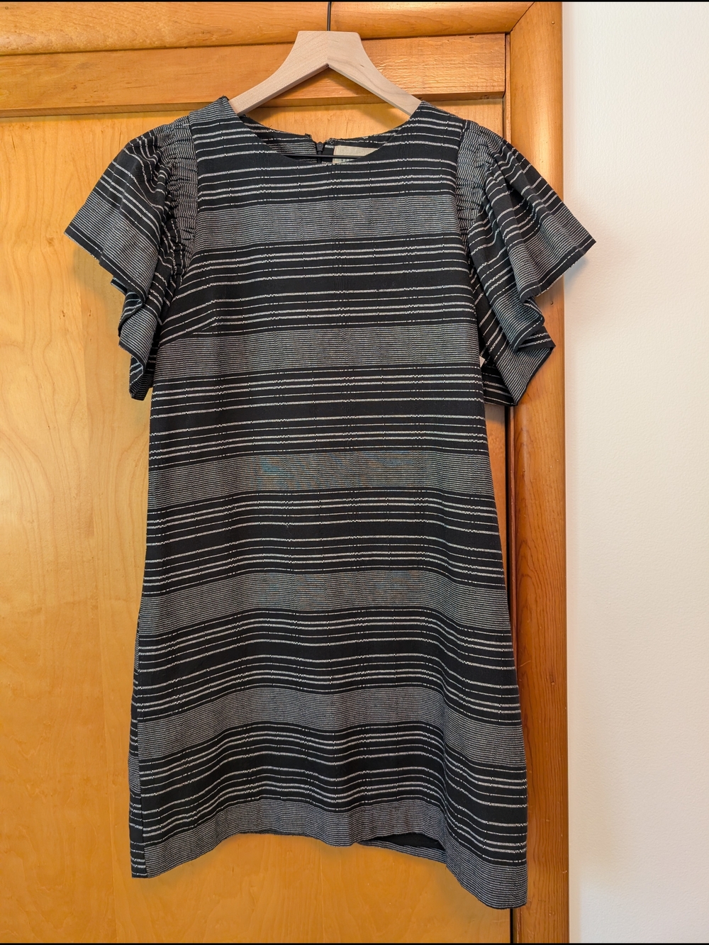 Moon River Black and Gray Striped Flutter Sleeve Mini Dress